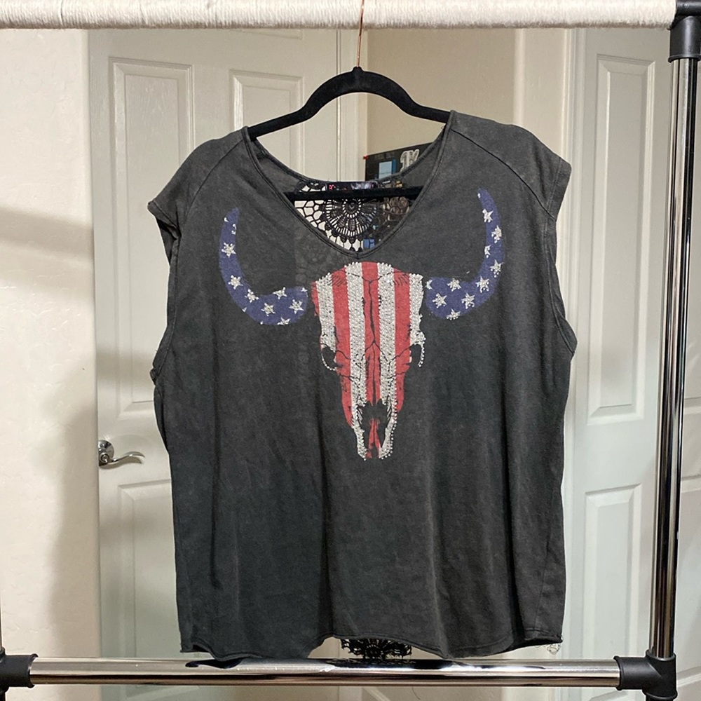 Rhinestone Flag Bull Skull Muscle Tee